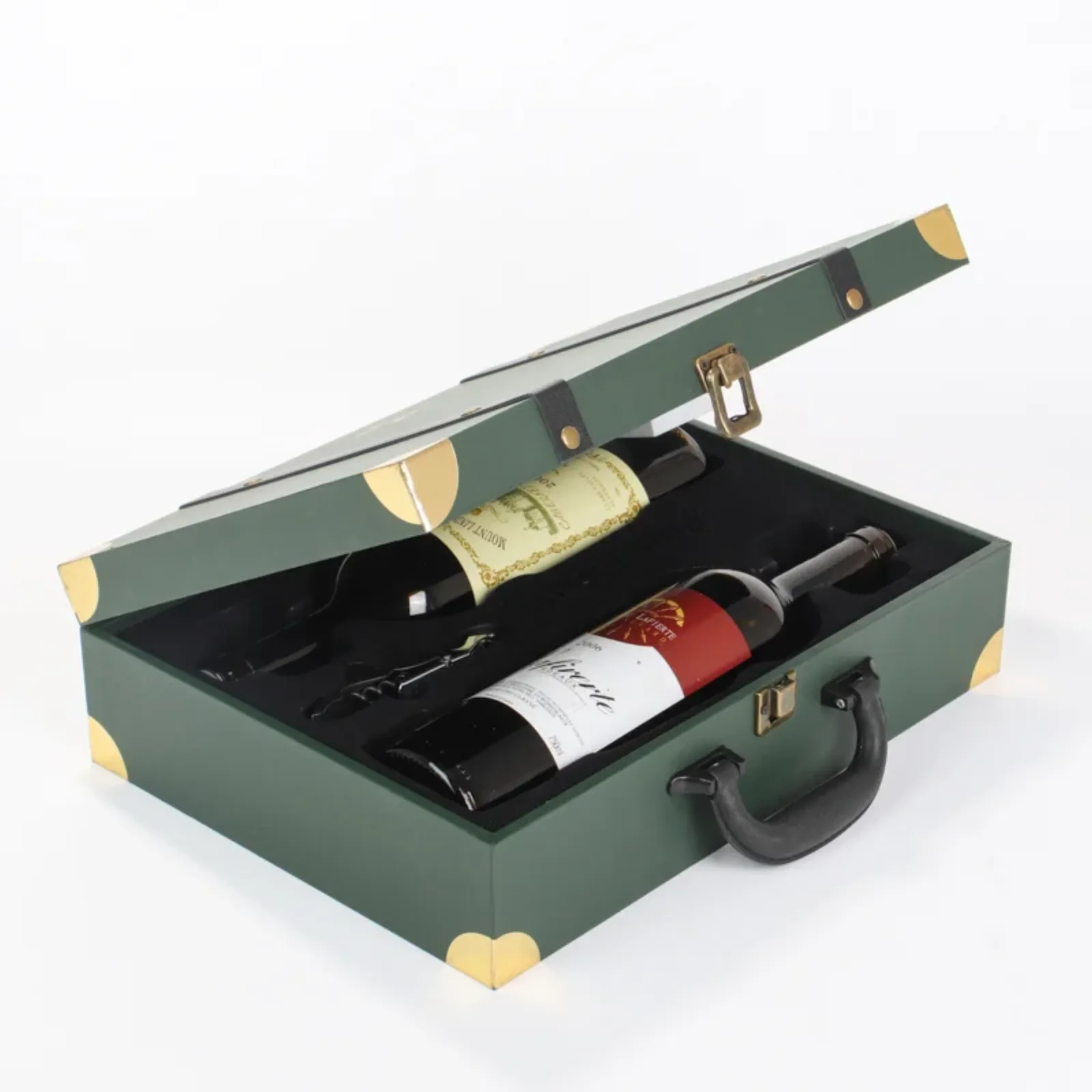 Vintage Leather Handled Double Bottle Flip Top Wine Gift Box 2