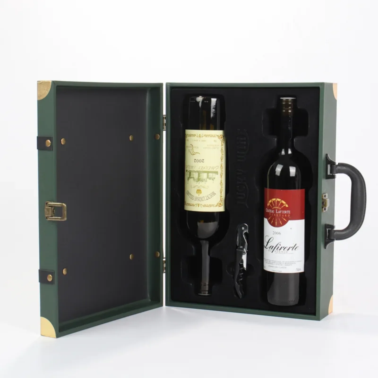 Vintage Leather Handled Double Bottle Flip Top Wine Gift Box 5
