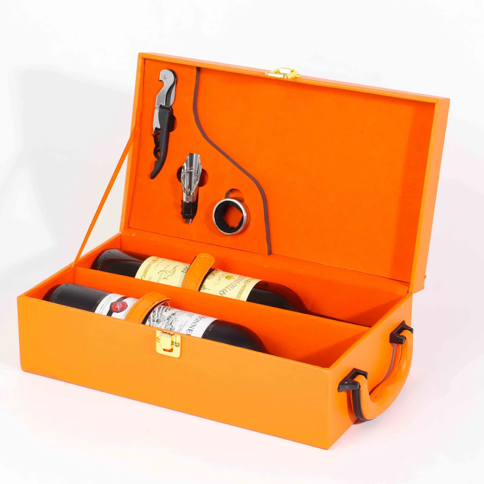 Orange Leather Double Wine Bottle Gift Box with Utensils 2