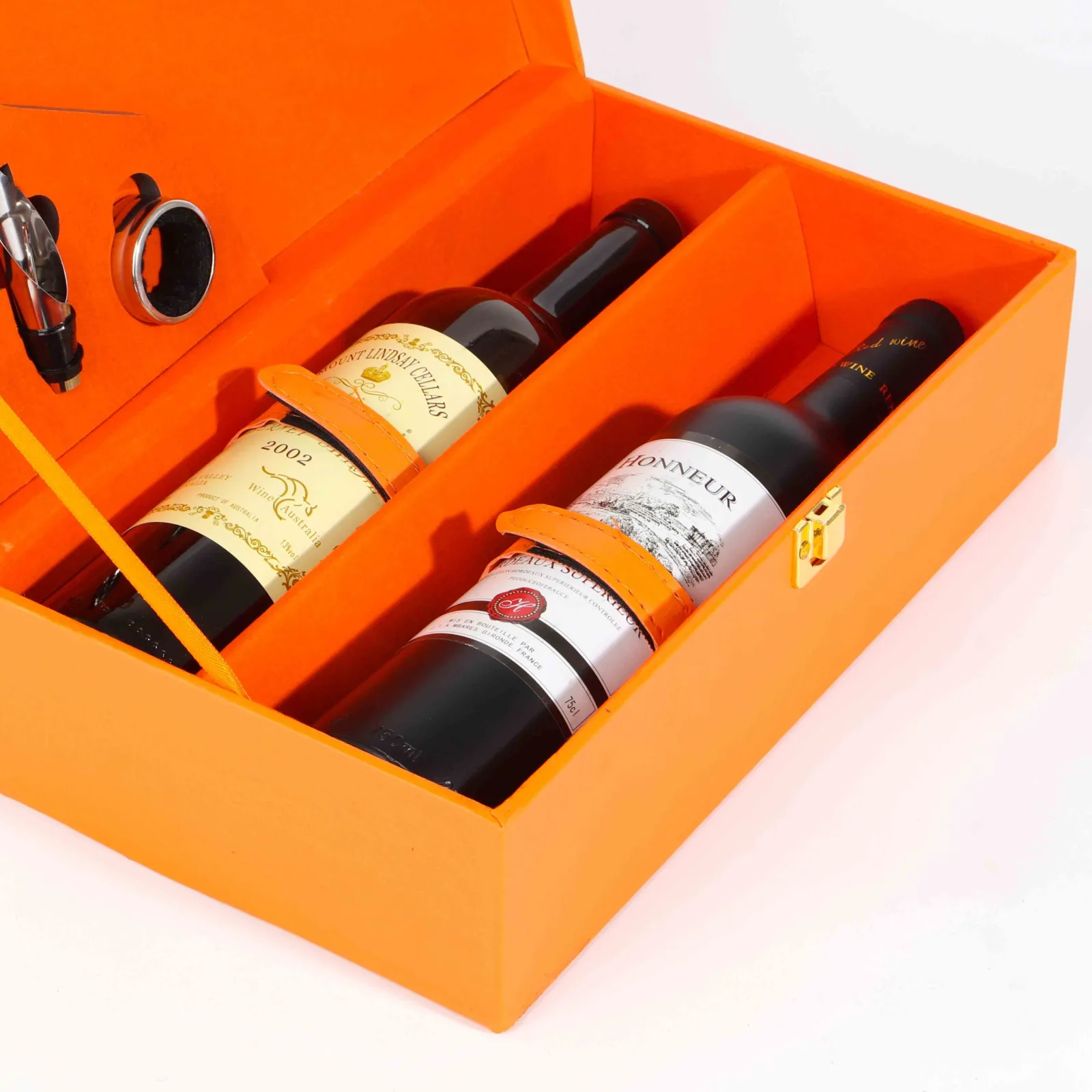Orange Leather Double Wine Bottle Gift Box with Utensils 3